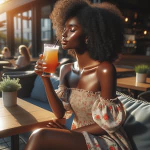 Tranquil Afternoon: Black Woman Enjoying Fresh Juice at Cafe Patio