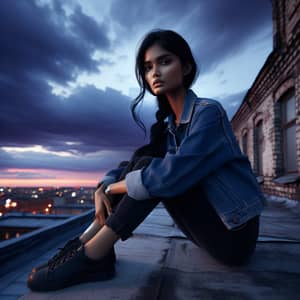 Urban Serenity: South Asian Woman in Denim Jacket on Rooftop at Sunset