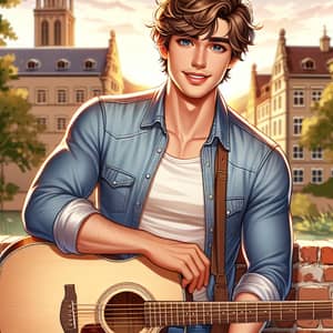 Charming Guitar Player in Serene City Park | Young Adult Male