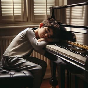 Peaceful Middle-Eastern Boy Sleeping Next to Grand Piano