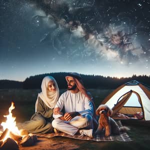Middle-Eastern Couple Camping under Starlit Sky with Dog