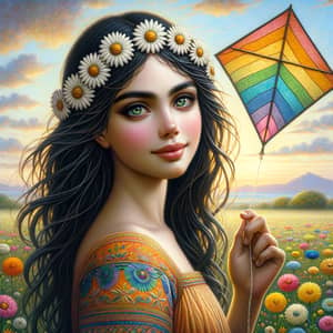 Young Middle-Eastern Female with Rainbow Kite - Joyful Meadow Scene