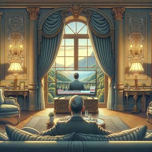 Luxurious Window View: Wealthy Man Watching News on Big TV