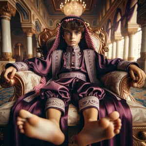 13-Year-Old Middle Eastern Boy in Traditional Arab Costume on Lavish Throne