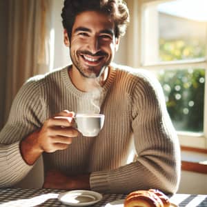 Cheerful Middle-Eastern Man with Steaming Cup of Coffee and Pastries