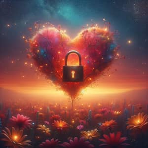 Ethereal Love Scene with Glowing Heart and Rusty Lock