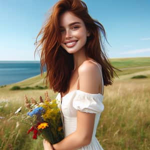 Beautiful Caucasian Woman in Off-Shoulder White Dress on Grassy Hill