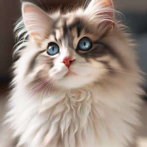 Fluffy Gray and White Domestic Cat with Sky-Blue Eyes