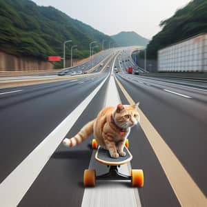 Cat Skateboarding on High-Speed Highway