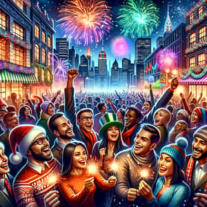 New Year's Celebration in Metropolitan City with Multicolored Fireworks