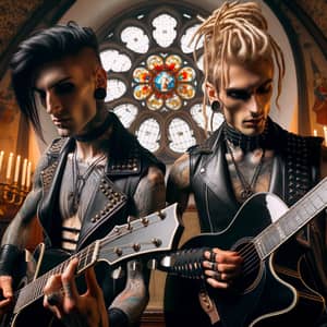 Male Rockstars Playing Guitars in Gothic Church