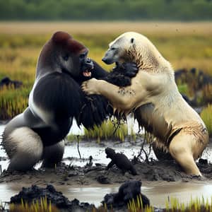 Intense Gorilla vs Polar Bear Wrestling Match in Swamp