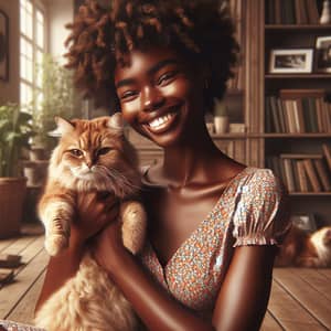 Joyful Black Female with Ginger Cat | Cozy Living Room Image