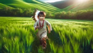 Native American Boy Running in Green Fields