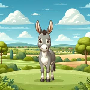 Tranquil Donkey in Green Field | Rural Landscape View