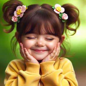 Adorable Two-Year Old Girl with Flower Pigtails in Bright Yellow Tracksuit