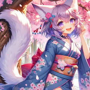 Anime Catgirl under Sakura Tree | Japanese Kimono Artwork