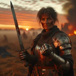 Middle-Eastern Female Warrior Triumphs in Battle at Twilight