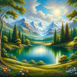 Soothing Landscape Painting with Crystal Clear Blue Lake