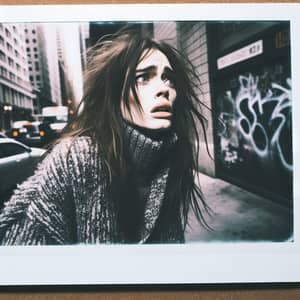 Raw Street Style Polaroid Featuring Anxious Woman in a Cityscape