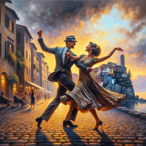 Energetic Mid-30s Couple Swinging Dance in Coastal City Sunset
