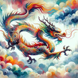 Colorful Oriental Dragon Soaring Through Sky | Digital Painting