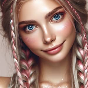 Blonde Braids with Pink Highlights - Serene Beauty with Mesmerizing Blue Eyes