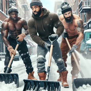 Diverse Snow Shoveling Crew Clearing Urban Street | Winter Scene