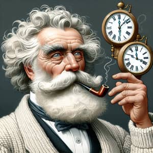 Eccentric Elderly Gentleman Puffing on a Pipe with Antique Wall Clocks