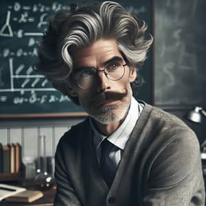 Mature Male Scientist with Wild Grey Hair: Intellectual Portrait