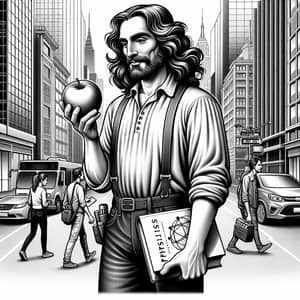 Historical Scientist Observing an Apple in Modern City Setting