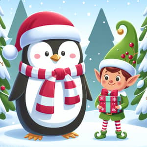 Festive Penguin and Christmas Elf in Winter Landscape
