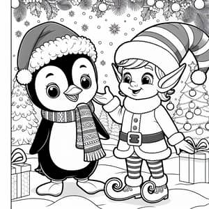 Coloring Page: Holiday Penguin & Christmas Elf Interacting