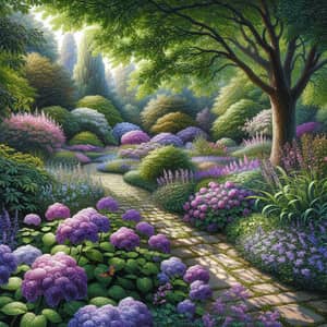 Tranquil Garden with Violet Flowers | High-Quality Image
