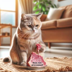 Adorable Cat Enjoying Real Meat in Cozy Home Environment