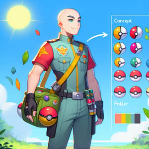 Pokemon-Inspired Bald Male Character with Vibrant Hair Color and Unique Badge