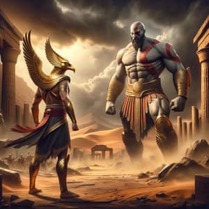 Mythological Battle: Horus vs Kratos in Desert Ruins