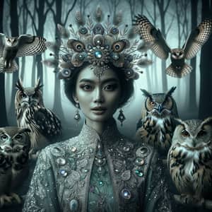 Queen of Owls in Majestic Twilight Forest Setting