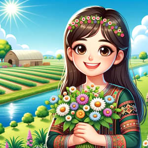 Cheerful Middle-Eastern Girl with Bouquet of Flowers at Green Farm