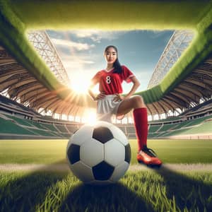 Grand Football Stadium - Asian Female Soccer Player and Ball on Green Grass