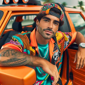 Hispanic Man in Vibrant Orange Car with Flashy Attire