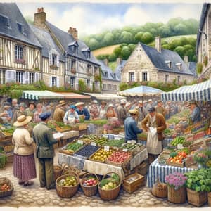 Charming Village Market Watercolor Painting