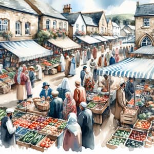 Quaint Village Market Watercolor Painting