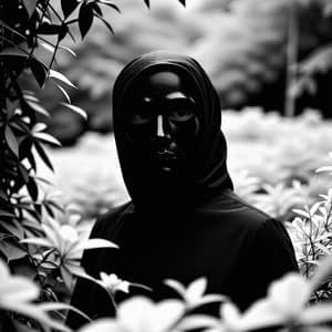 Mysterious Masked Figure in Serene Garden - Classic Film Noir