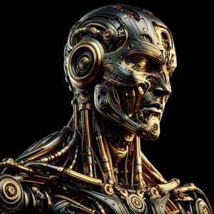 Intimidating Cyborg Portrait - Black and Gold Metallic Humanoid