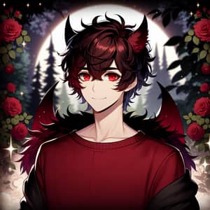Dark Red Anime-Style Male Character with Demon Horns and Wolf Features