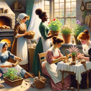 Victorian Era Domestic Scene: Cultural Diversity in Household Tasks