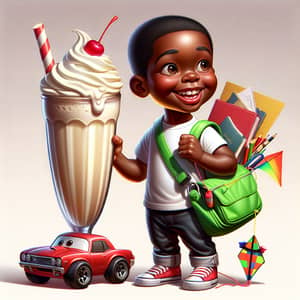 Smiling African American Boy with Milkshake, Messenger Bag, Toy Car, and Kite