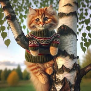 Cozy Ginger Cat in Knitted Sweater Hanging from Birch Tree