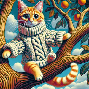 Whimsical Art of Ginger Cat in Cable-Knit Sweater Hanging from Tree Branch